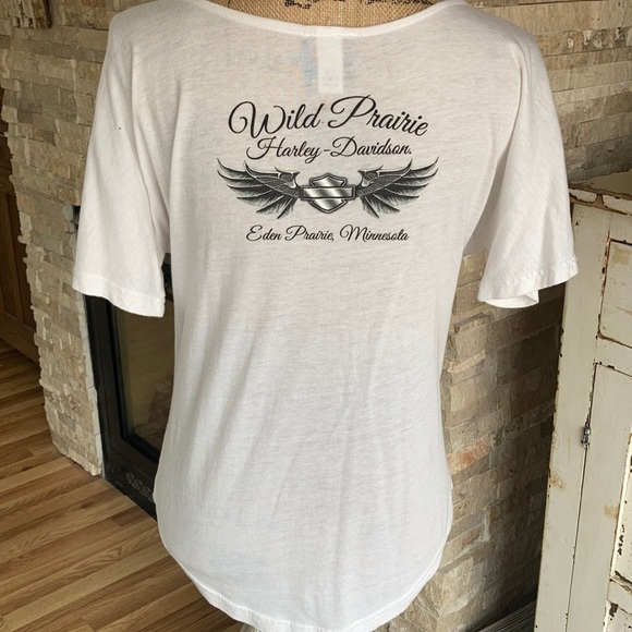 Harley Wild Prairie MN rounded hem white short sleeve tshirt rhinestones - Picture 10 of 16